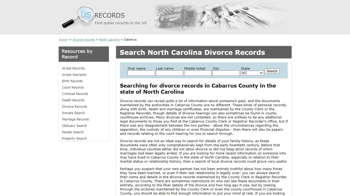 Search Divorce Records Cabarrus North Carolina | US Records