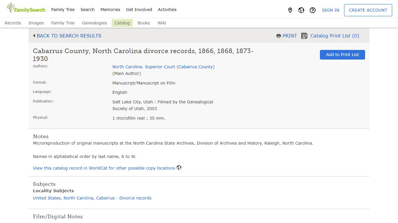 FamilySearch Catalog: Cabarrus County, North Carolina divorce records ...